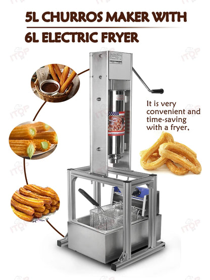 ITOP Heavy Duty 5L Manual Spanish Churros Maker With 6L Electric Deep Fryer Device For Fritters Stainless Steel